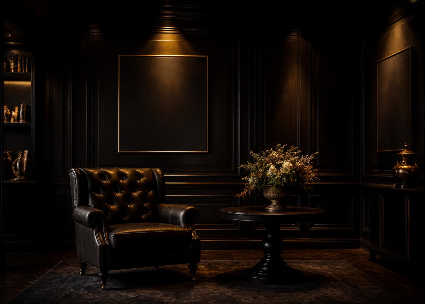 Sala de espera do escritório com poltrona de couro e iluminação âmbar